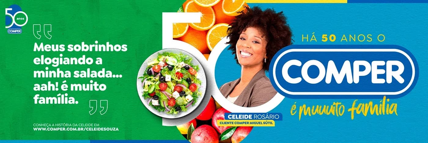 Peça de depoimento da cliente Celeide Rosário para a campanha 50 anos