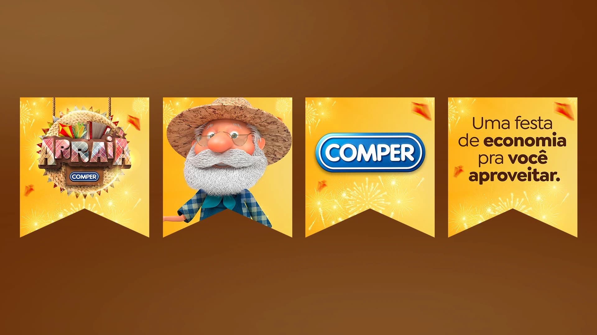 Bandeirolas com elementos da campanha Arraiá Comper