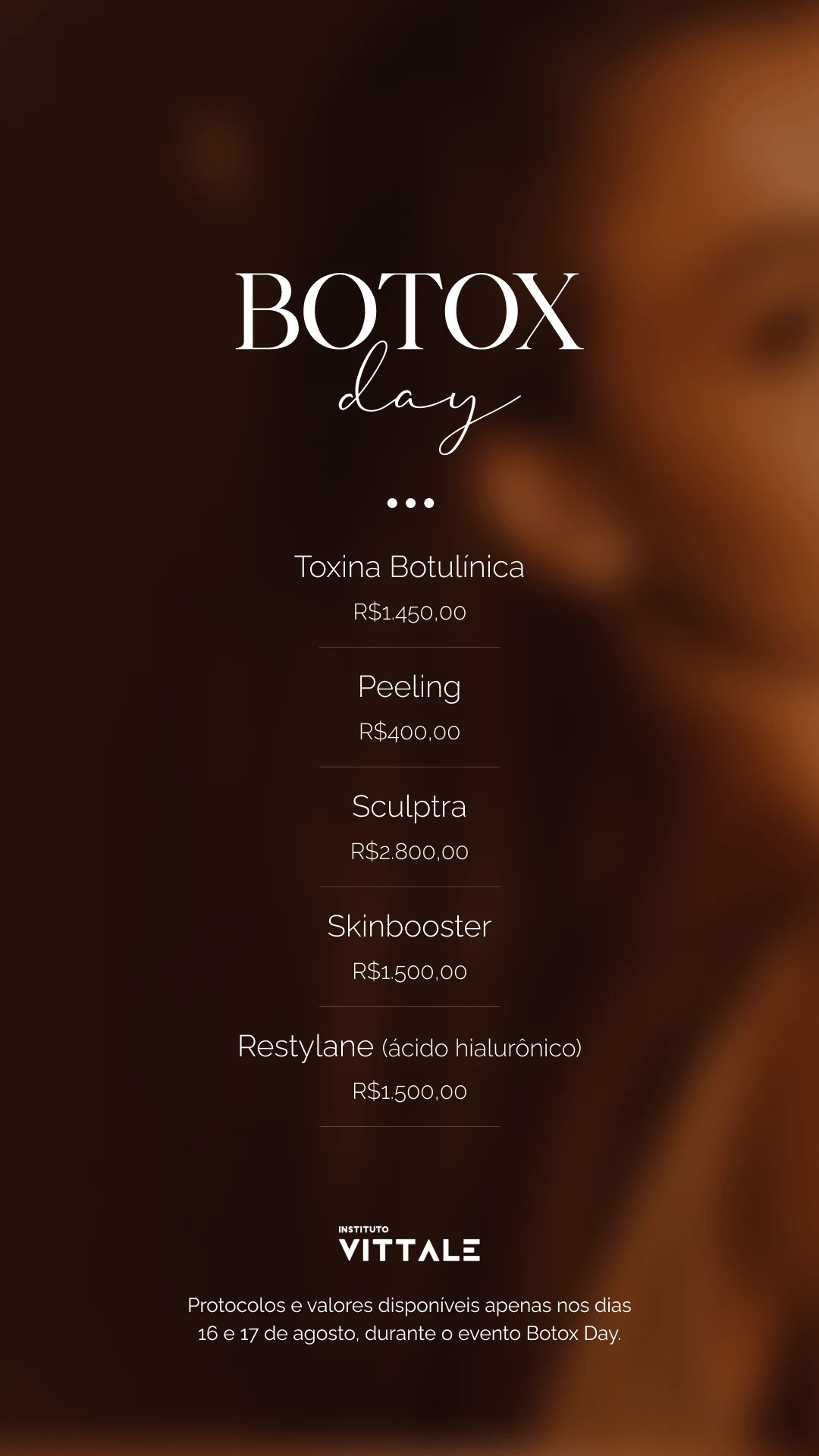 Story com tabela de protocolos e valores da campanha Botox Day do Instituto Vittale