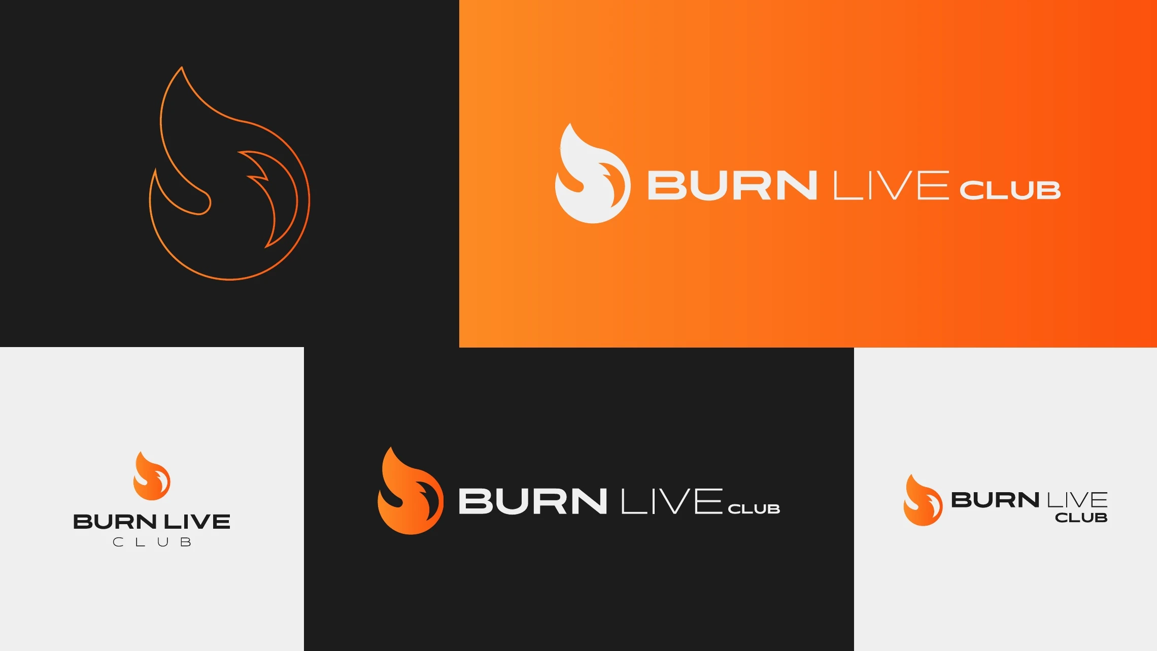Símbolo e assinaturas da marca Burn Live Club em fundos claros e escuros