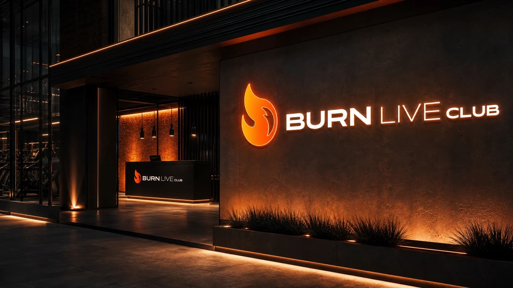 Marca Burn Live Club aplicada à entrada do clube