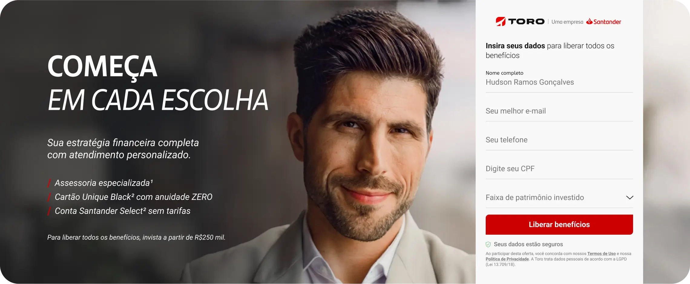 Hero e formulário da landing page Cada Movimento Conta