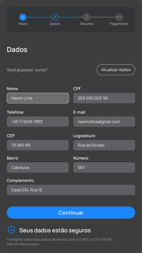 Etapa de dados pessoais no checkout