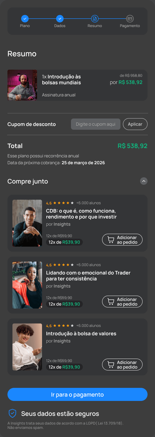 Etapa de resumo e ofertas complementares