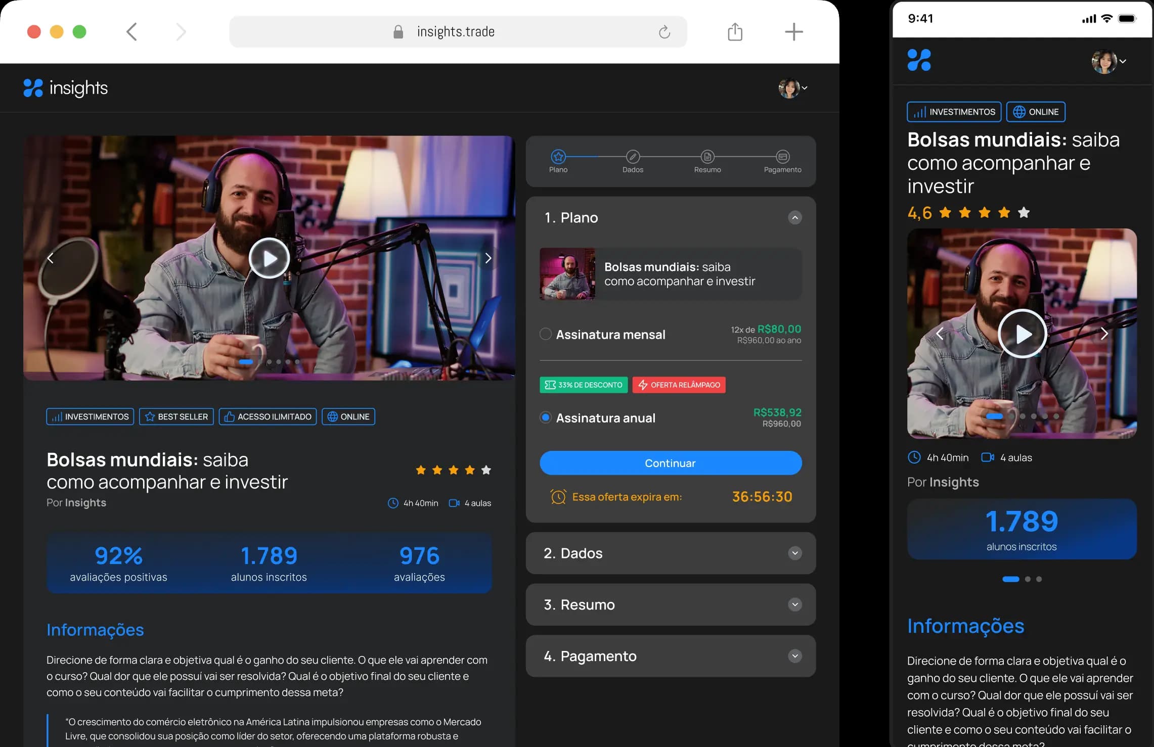 Novo checkout e landing page da Insights em desktop e mobile