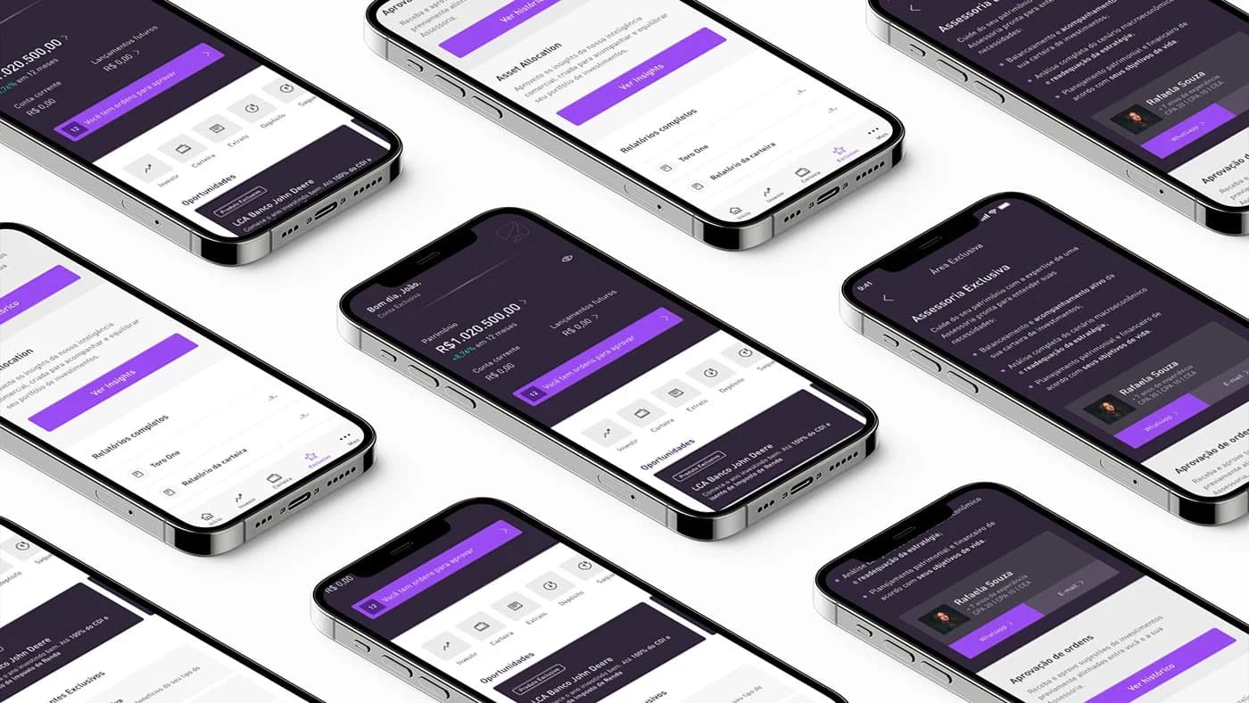 Telas do app Toro em composição isométrica para a campanha Cliente Exclusivo