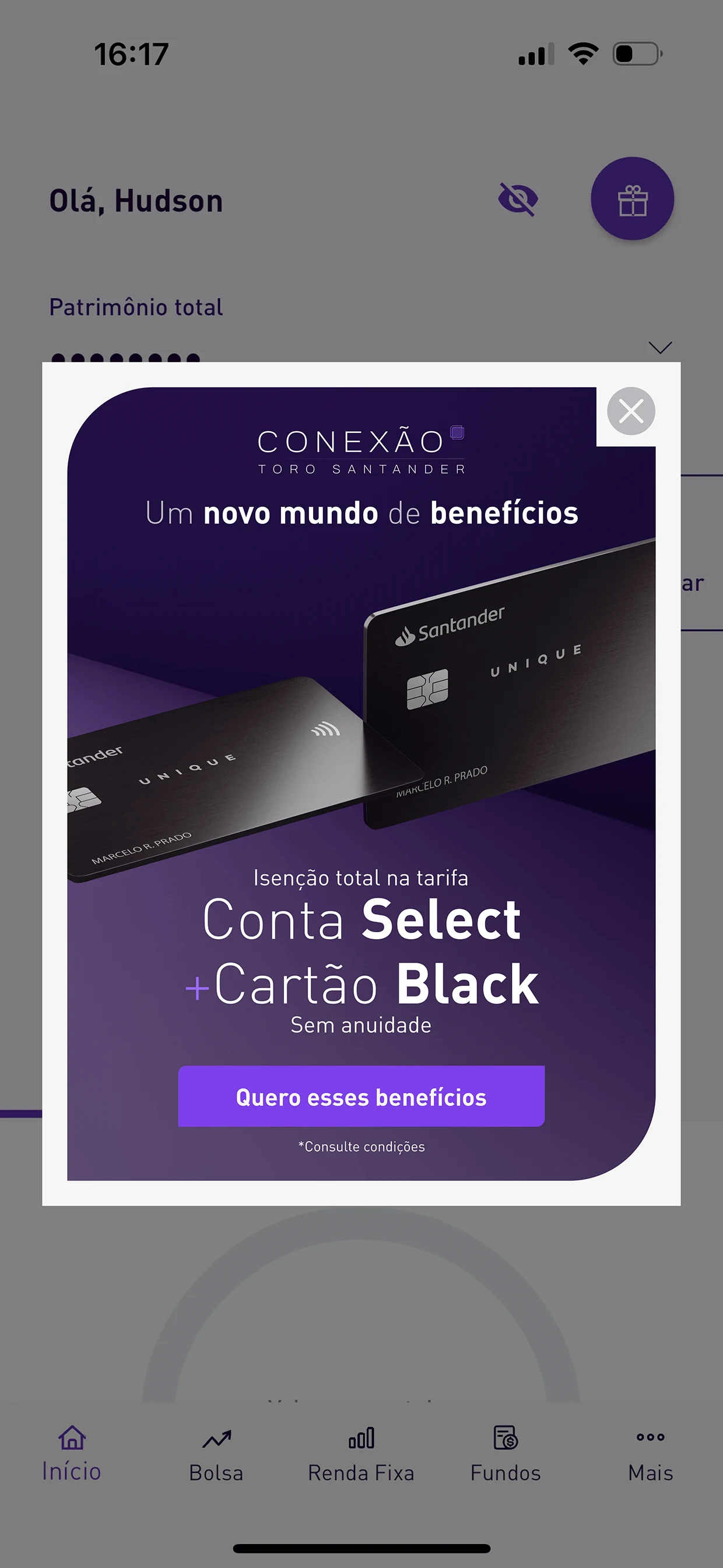 Modal da campanha Conexão Toro Santander no app da Toro, variação com dois cartões se conectando
