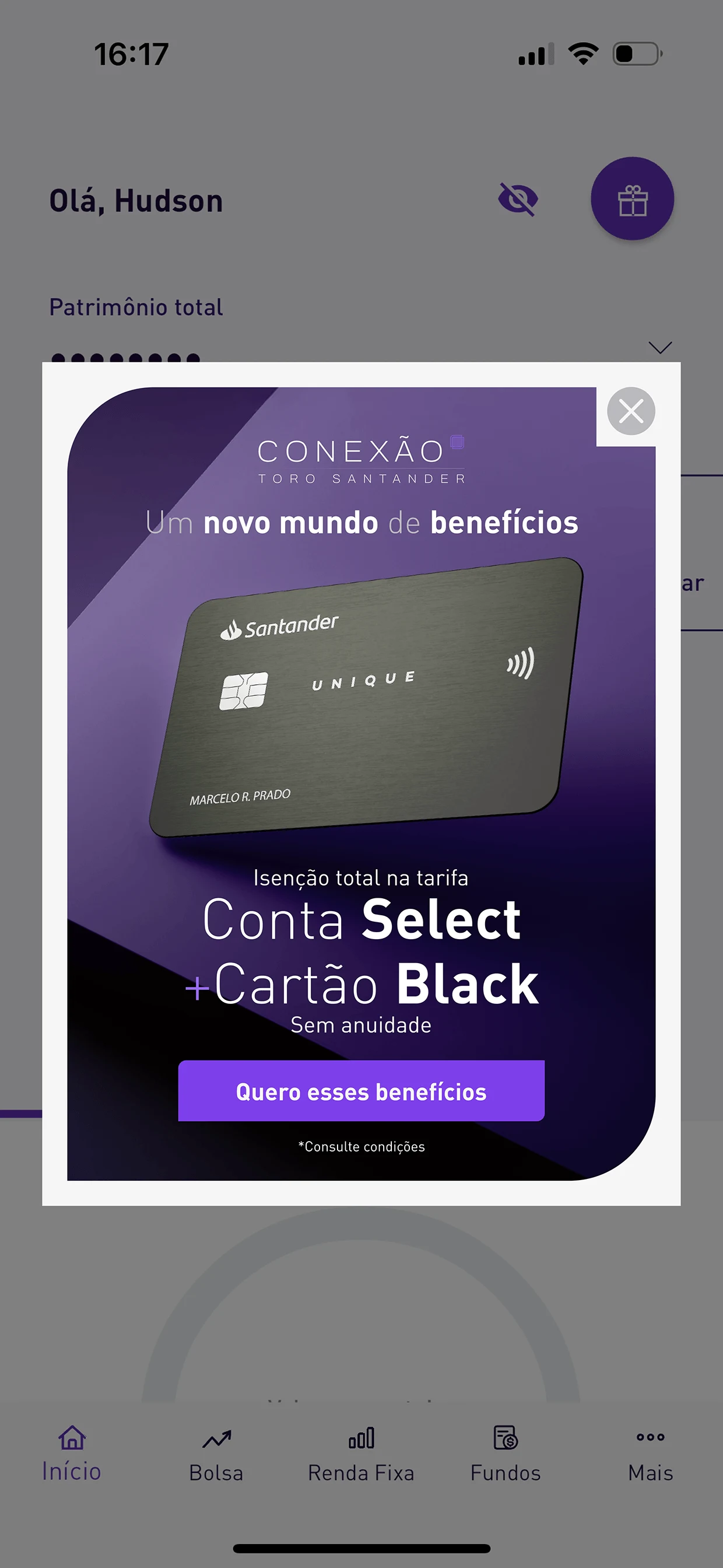 Modal da campanha Conexão Toro Santander no app da Toro, variação com cartão único
