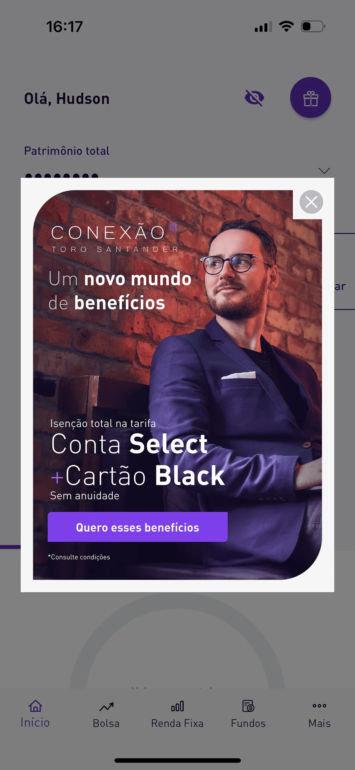 Modal da campanha Conexão Toro Santander no app da Toro, variação com retrato do cliente