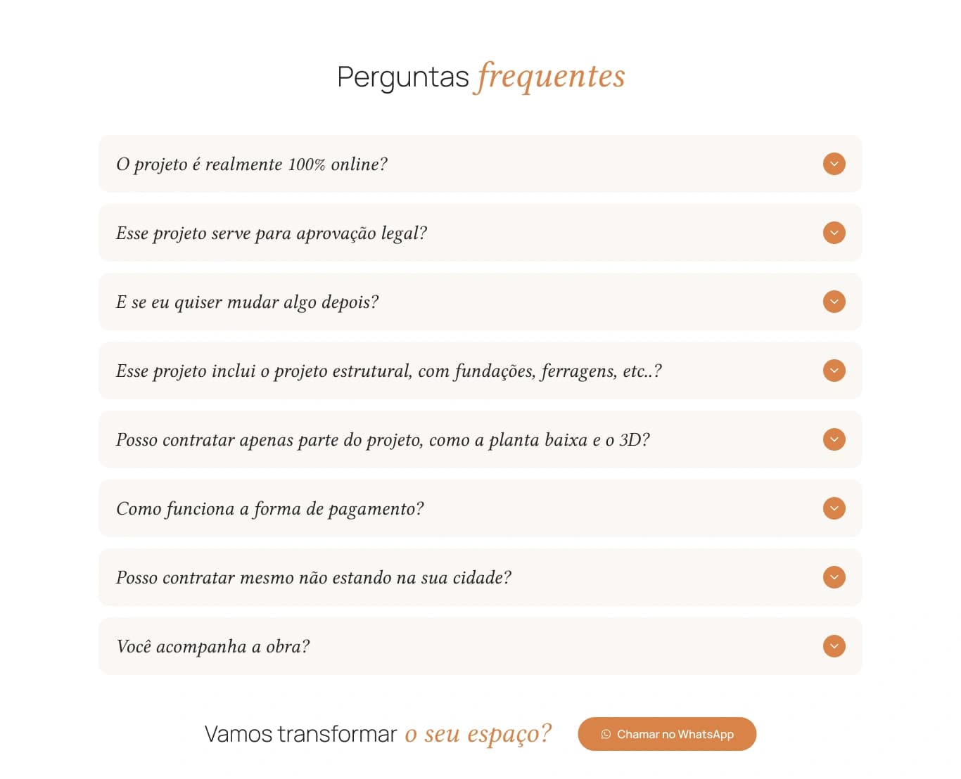 Seção de perguntas frequentes e CTA final do site Dalmazo Arquitetura