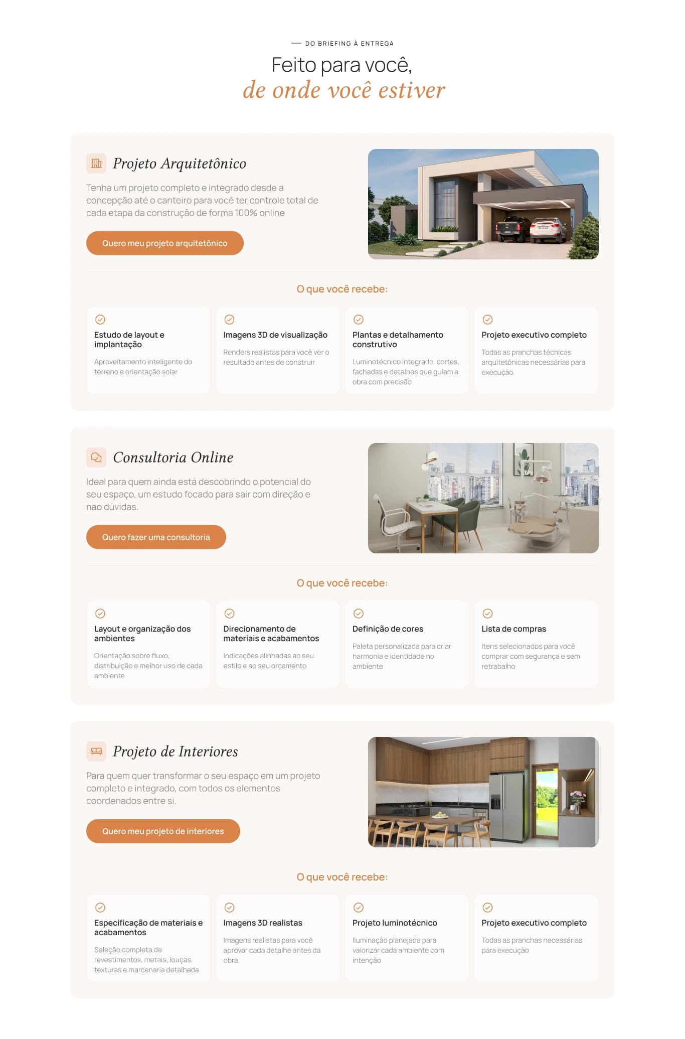 Seção de serviços do site Dalmazo Arquitetura com escopo detalhado de entregáveis