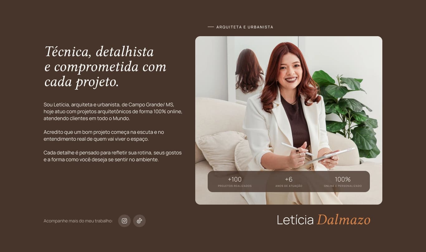 Seção Sobre do site Dalmazo Arquitetura com foto e estatísticas da arquiteta Letícia Dalmazo