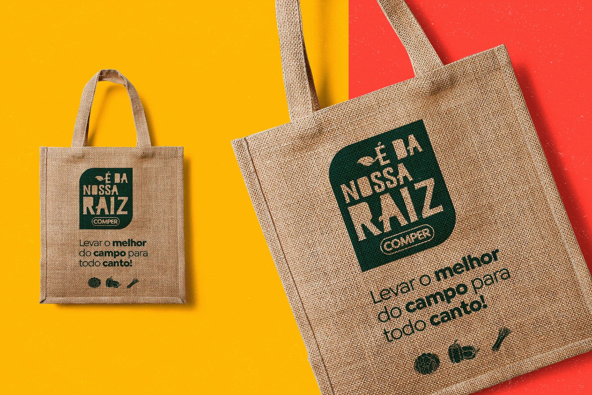 Ecobag de juta com a marca É da nossa raiz Comper