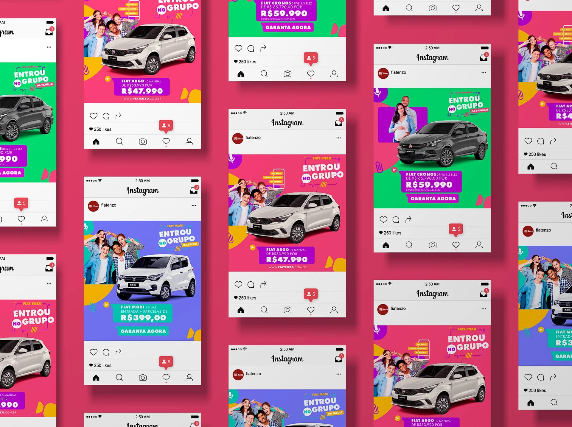 Grade de posts para Instagram da campanha Fiat Enzo Entrou no Grupo, com Argo, Mobi e Cronos para públicos diferentes