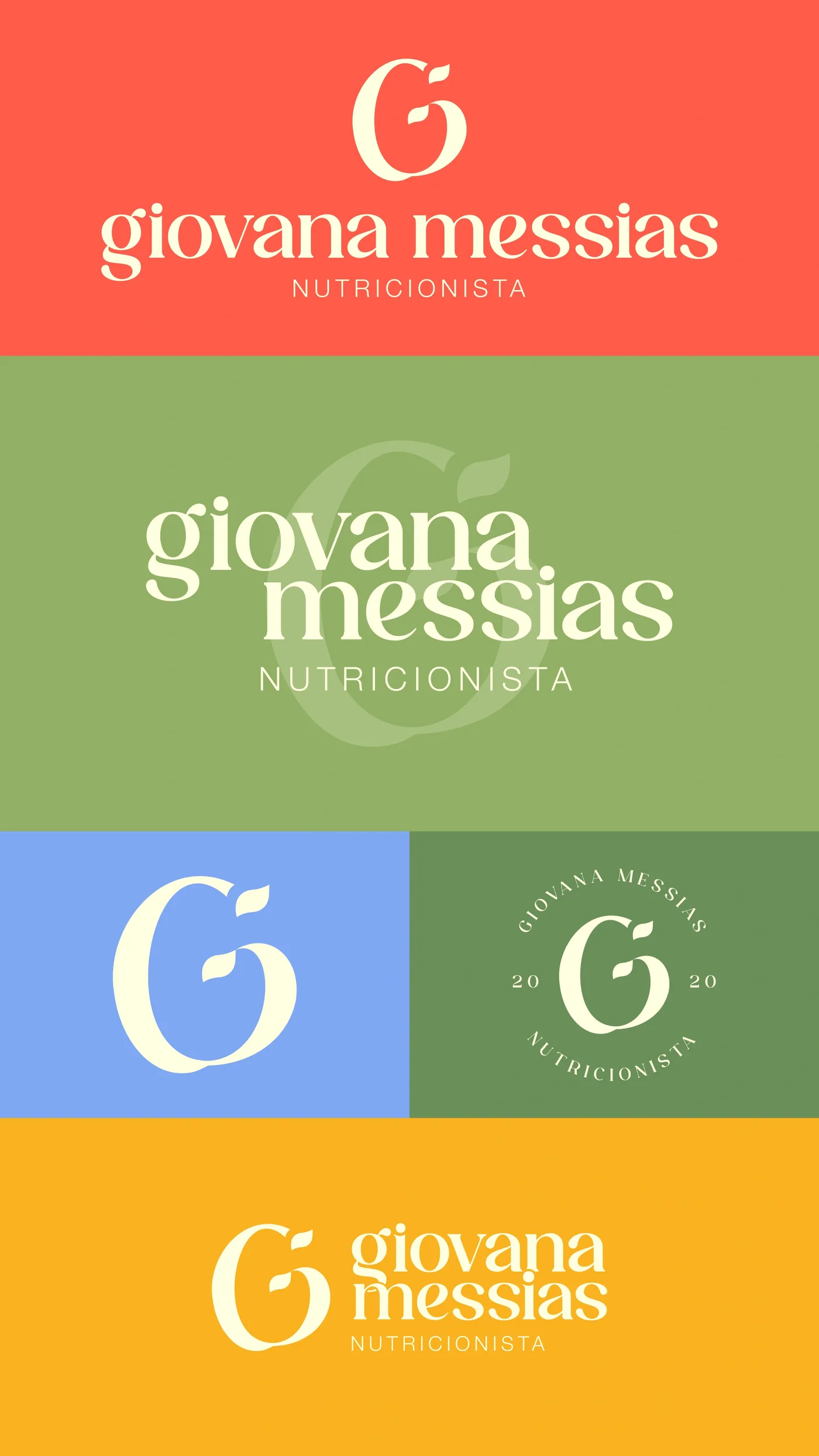 Logotipo Giovana Messias aplicado sobre as quatro cores da marca