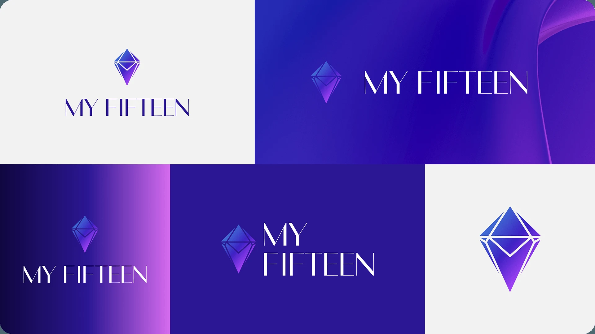 Variações do logotipo My Fifteen: símbolo isolado, versões em fundo claro e escuro