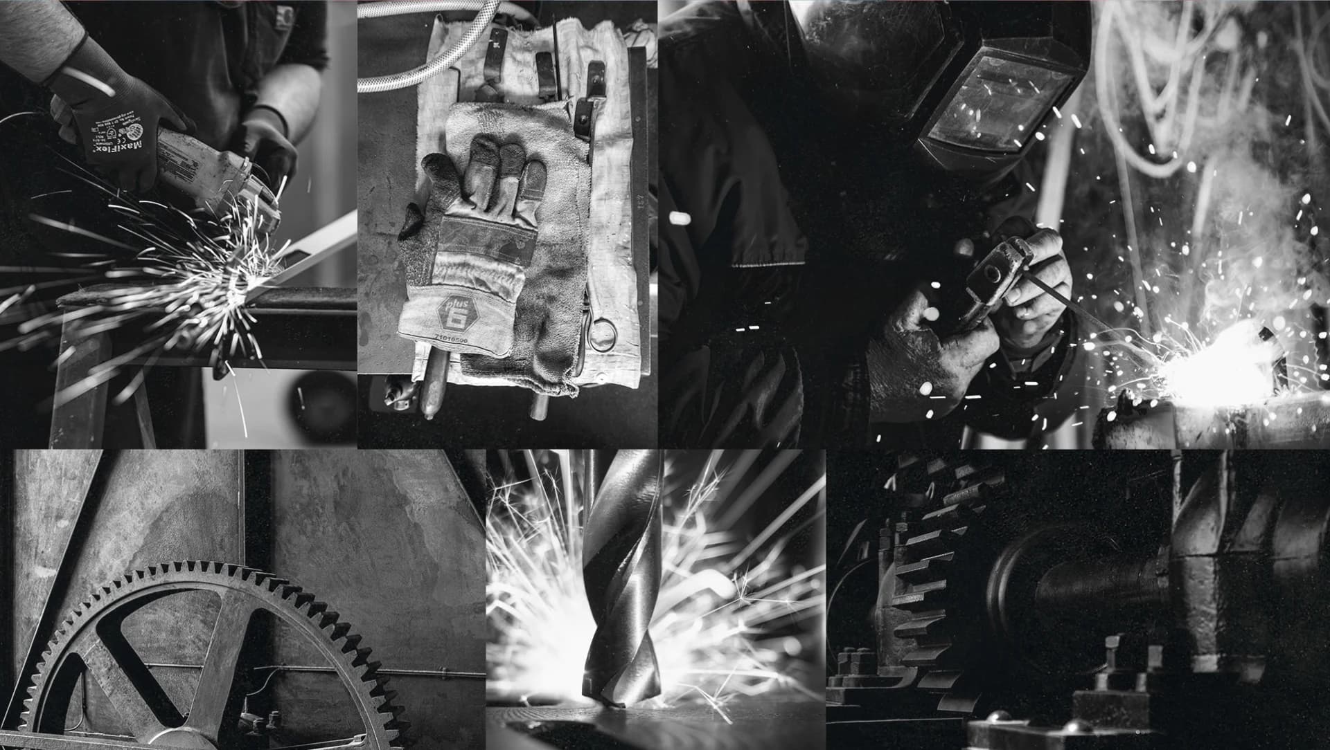 Mosaico de fotografias em preto e branco do universo industrial da ND Metal