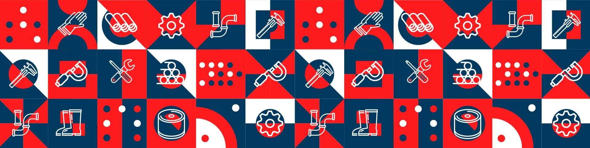 Padrão gráfico com ícones de ferramentas industriais nas cores da marca ND Metal