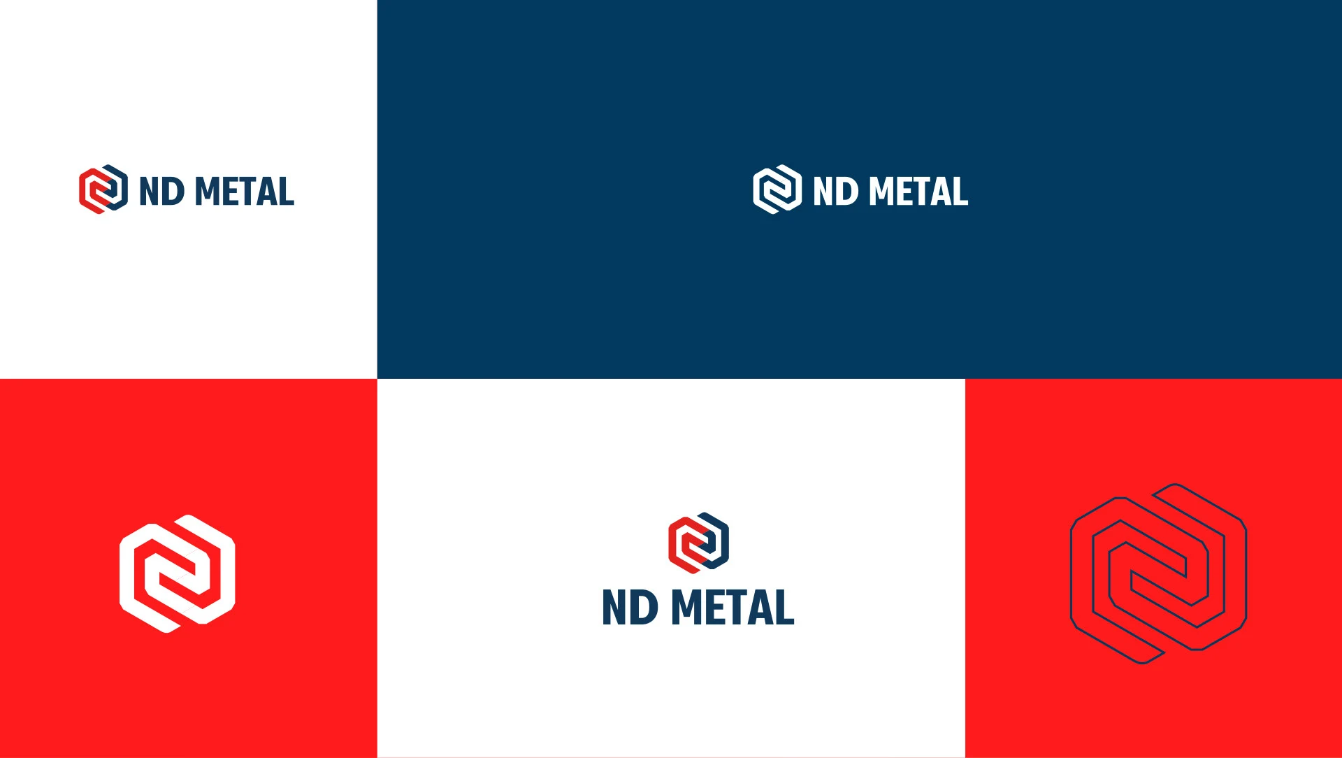 Variações do logotipo ND Metal em fundo vermelho, azul-marinho e branco