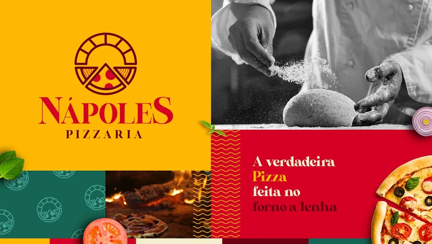 Identidade visual da Pizzaria Nápoles aplicada a marca, tipografia e fotografia de forno a lenha