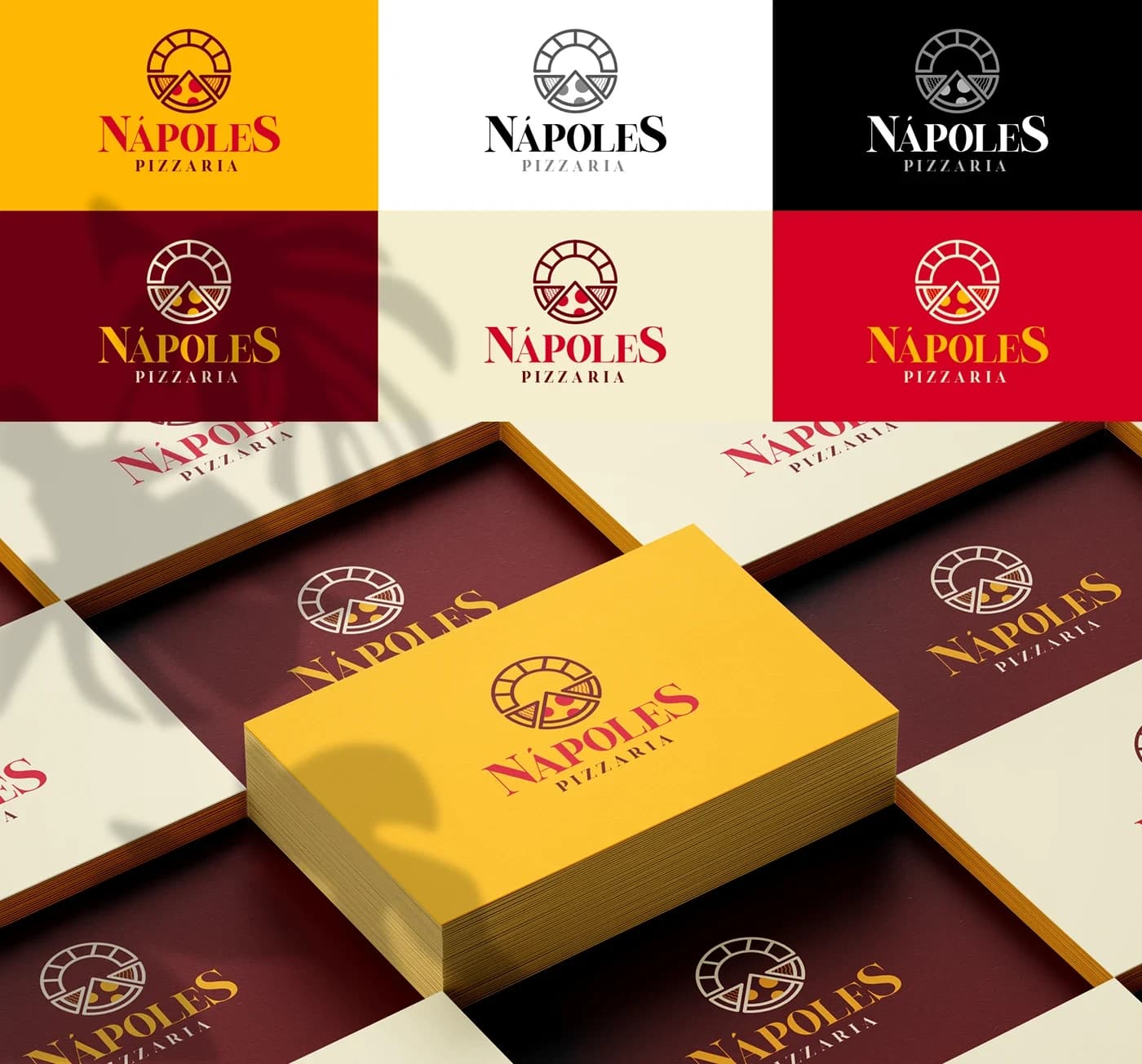 Variações cromáticas do logotipo e cartões de visita da Pizzaria Nápoles