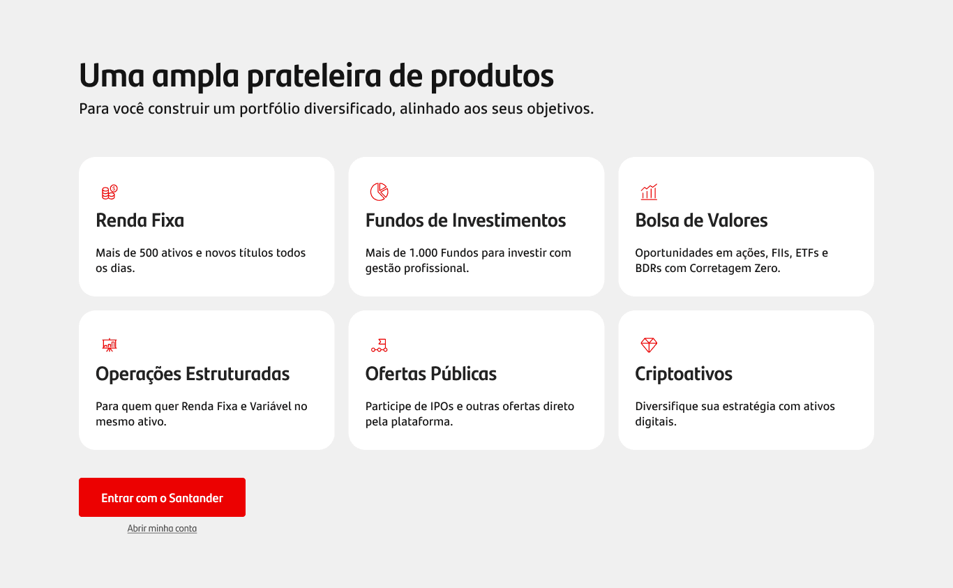 Prateleira de produtos da nova página Santander Corretora